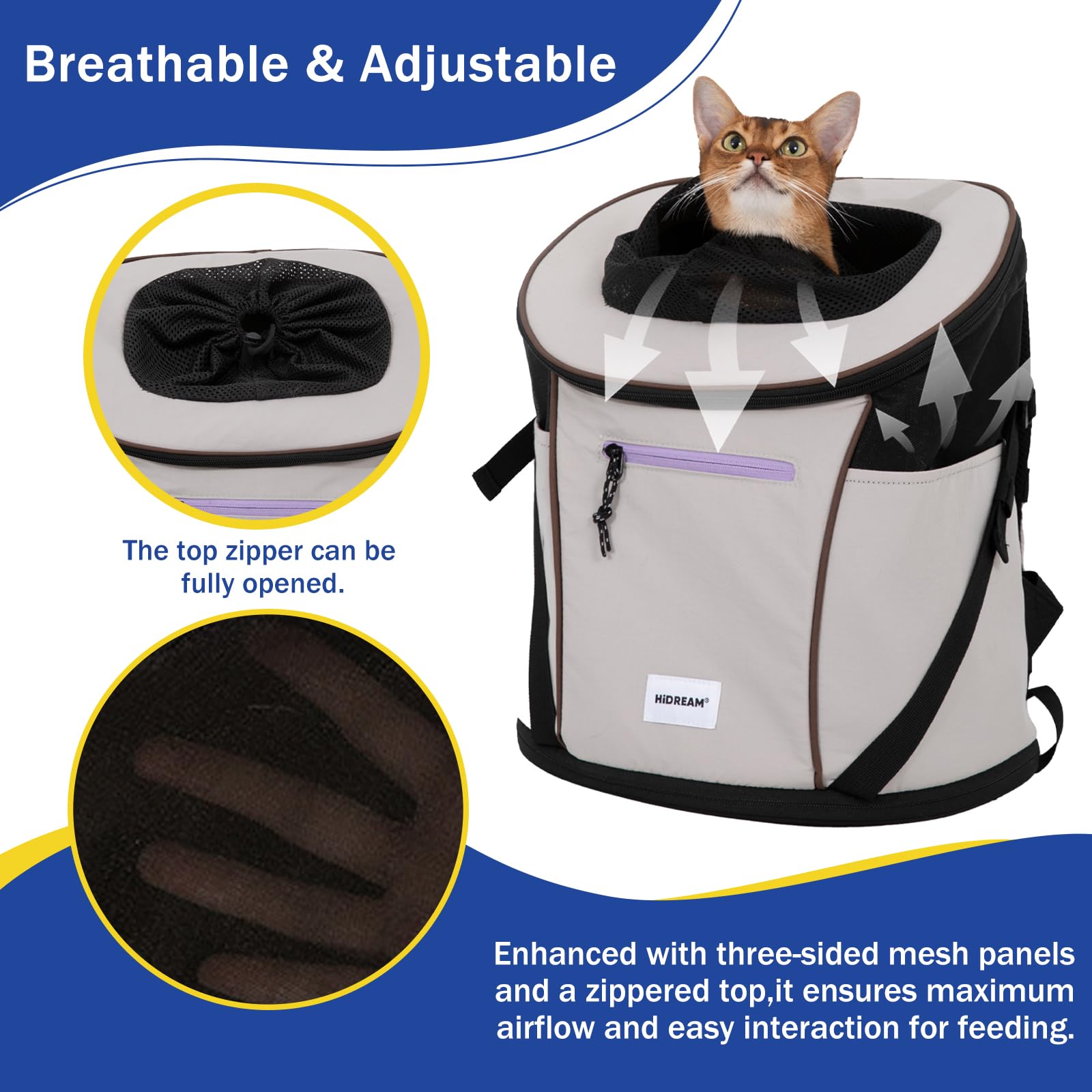 Mochila transportadora de nailon impermeable para gatos y perros, bolsa de viaje de malla transpirable con clip de seguridad para senderismo y camping, hasta 9 kg (gris)