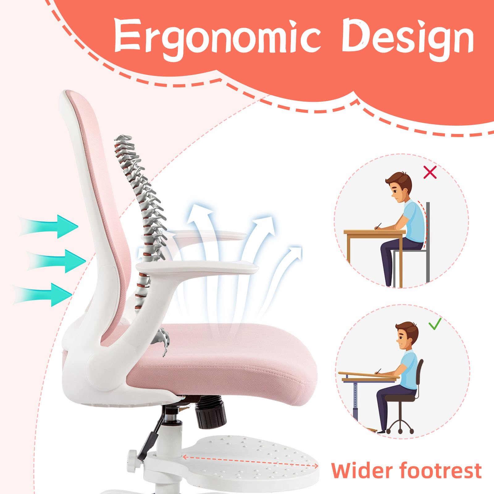 SOLLATI Kids Desk Chair Ergonomic Study Chair Swivel Mesh Desk Chair with Adjustable Arm Height Footrest Wheel Computer Home Office Chair for Children Boys Girls Students Bedroom School Age 5-13 Pink