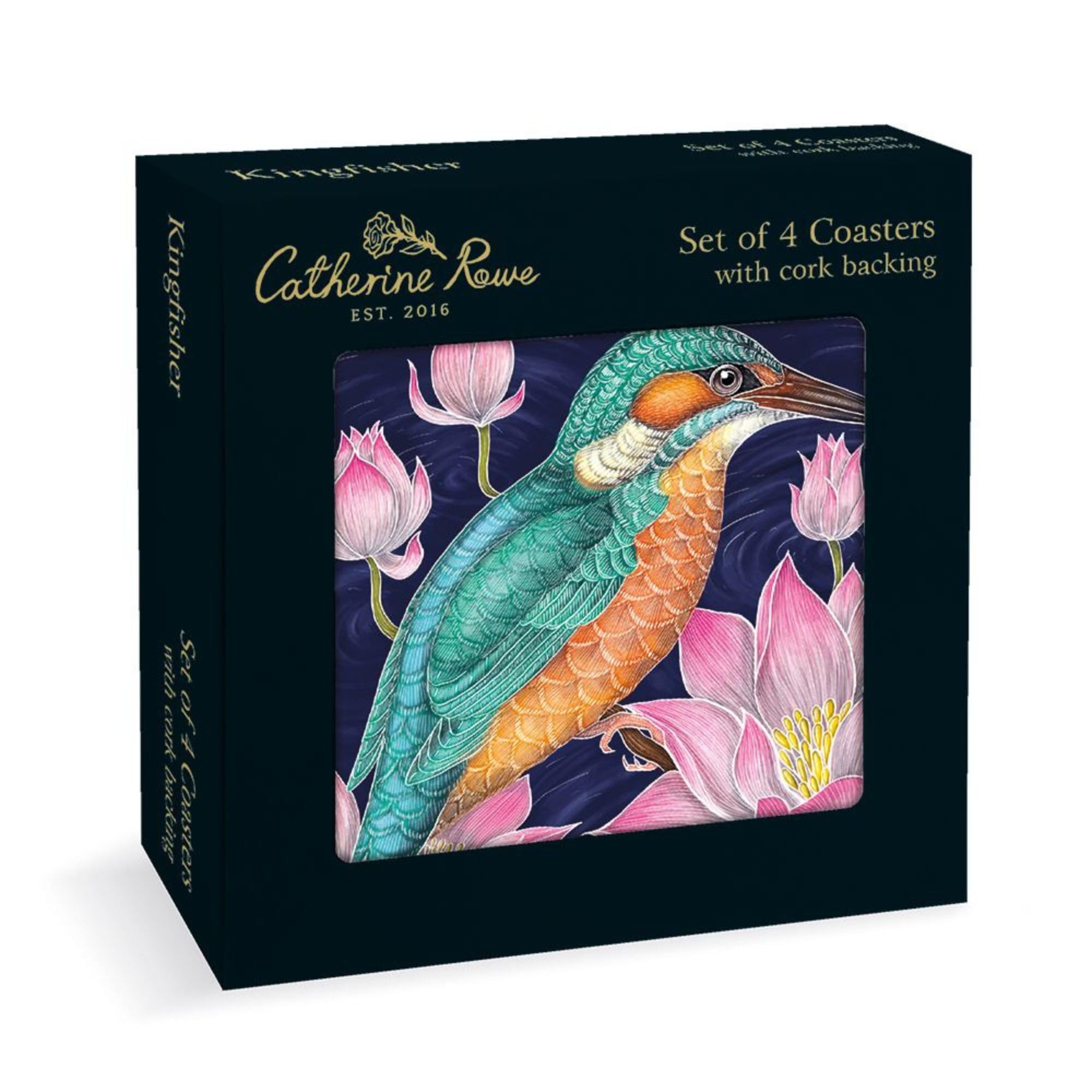 Museums & Galleries Set of 4 Drinks Coasters - Catherine Rowe Kingfisher Design - Cork Backed - Decorative Tableware for Kitchen, Dining, or Gift