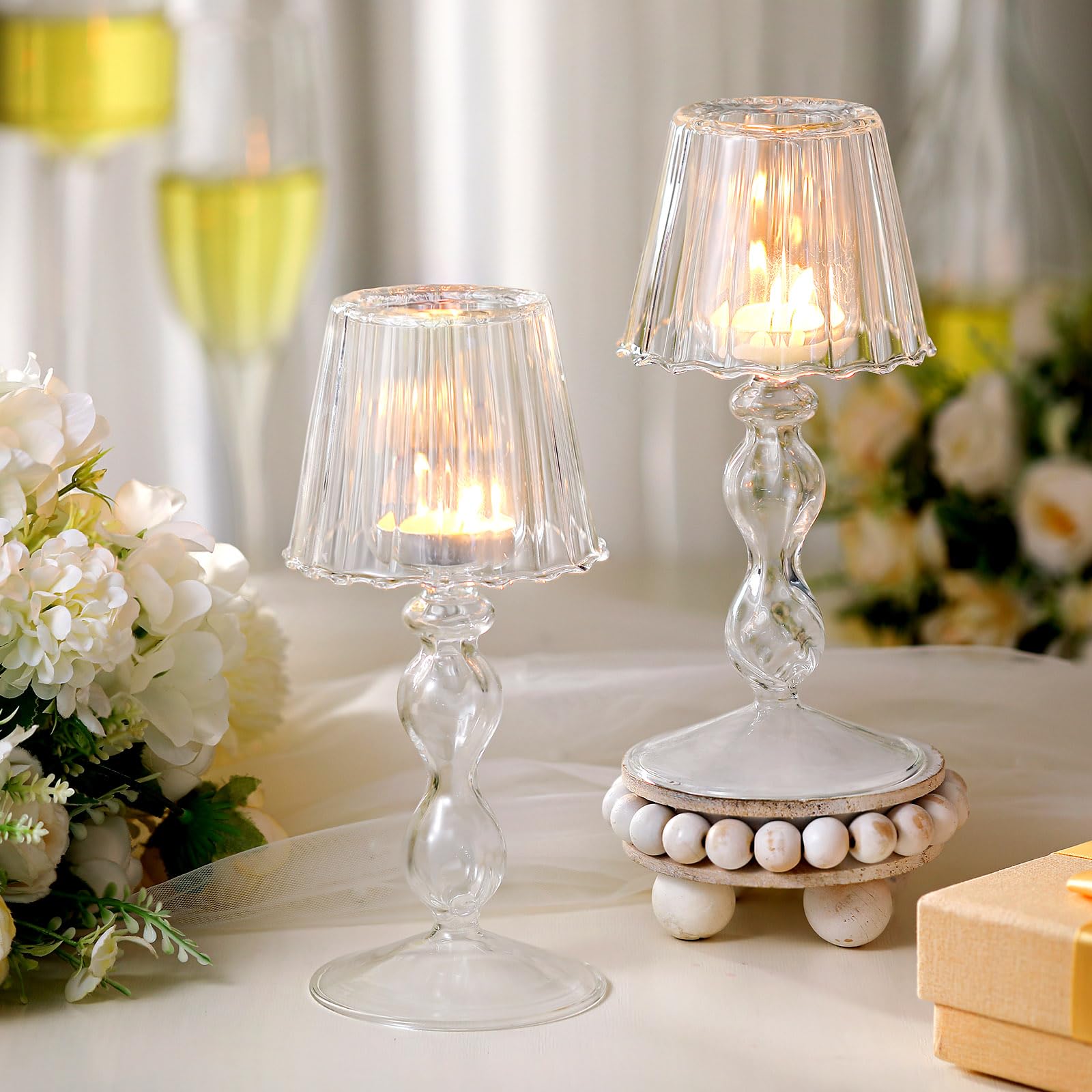 Photo 1 of Jingmore 2 Pcs Crystal Candle Holders Lamp Shaped Crystal Tealight Candle Holders Table Centerpiece for Home Wedding Engagement Birthday Party Events Dining Table Decoration(Clear)