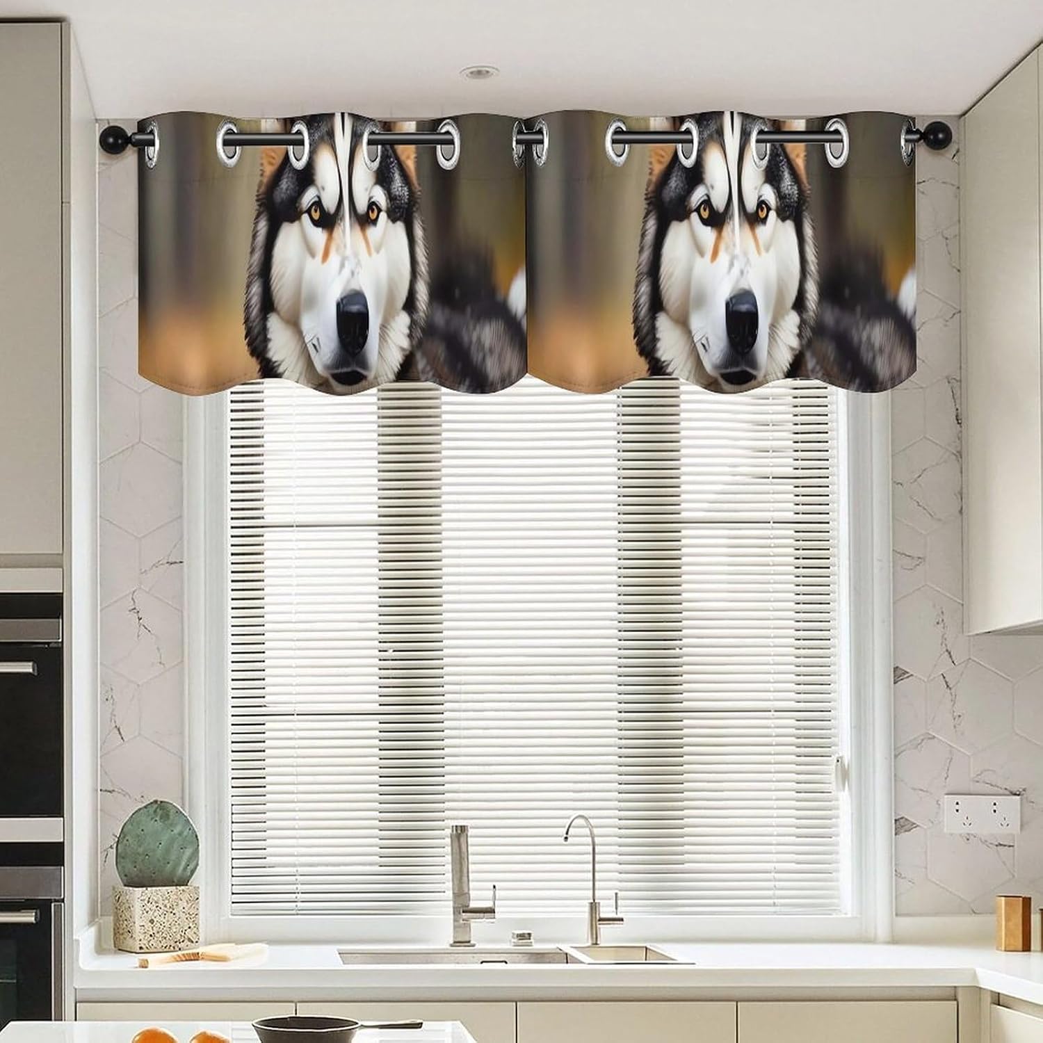 Cute Huskys Valance for Windows, 2 Pack Kitchen Curtains Modern Home Decor, Soft Blackout Window Curtains for Living Room & Bedroom, 18 X 52 Inch