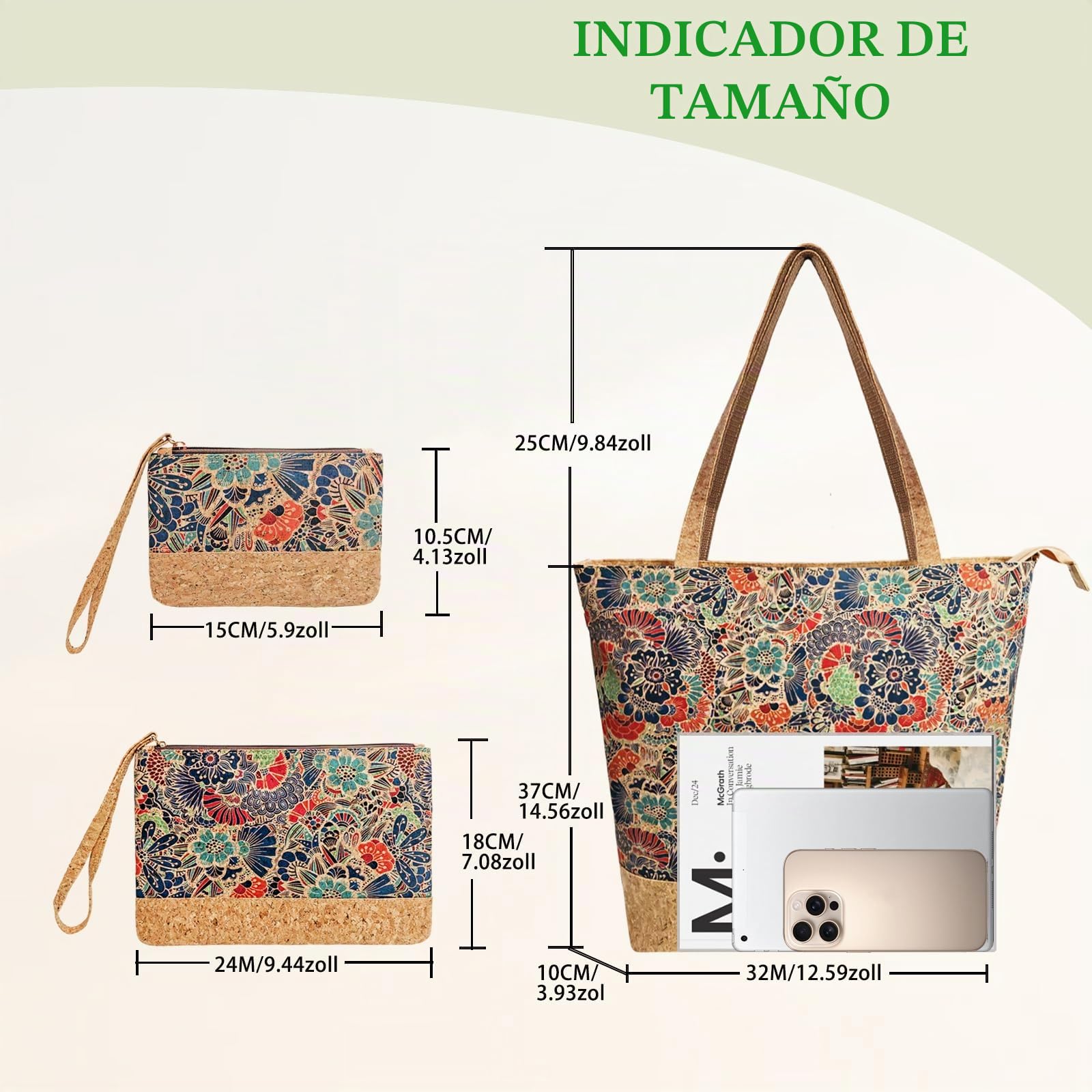 boshiho Bolso grande de corcho para mujer, bolso de mano y bandolera con 2 neceseres, para escuela, oficina, trabajo, viajes, excursiones, compras, madre, novia, como regalo