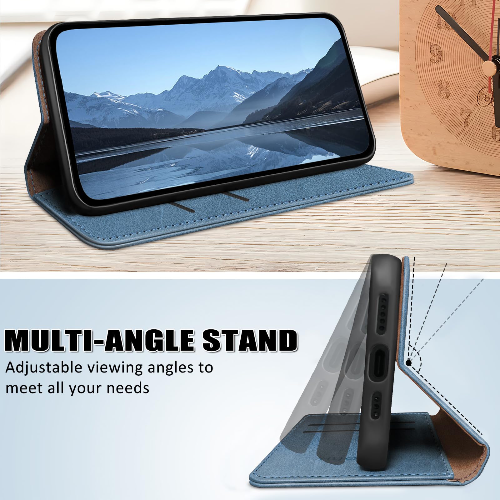 HUOUH Funda para Samsung Galaxy S24 Ultra titular de tarjeta de crédito,Cubierta a prueba de golpes teléfono Funda,Estuche de Billetera cuero de PU con Bloqueo RFID para SamsungS24Ultra Azul Brillante