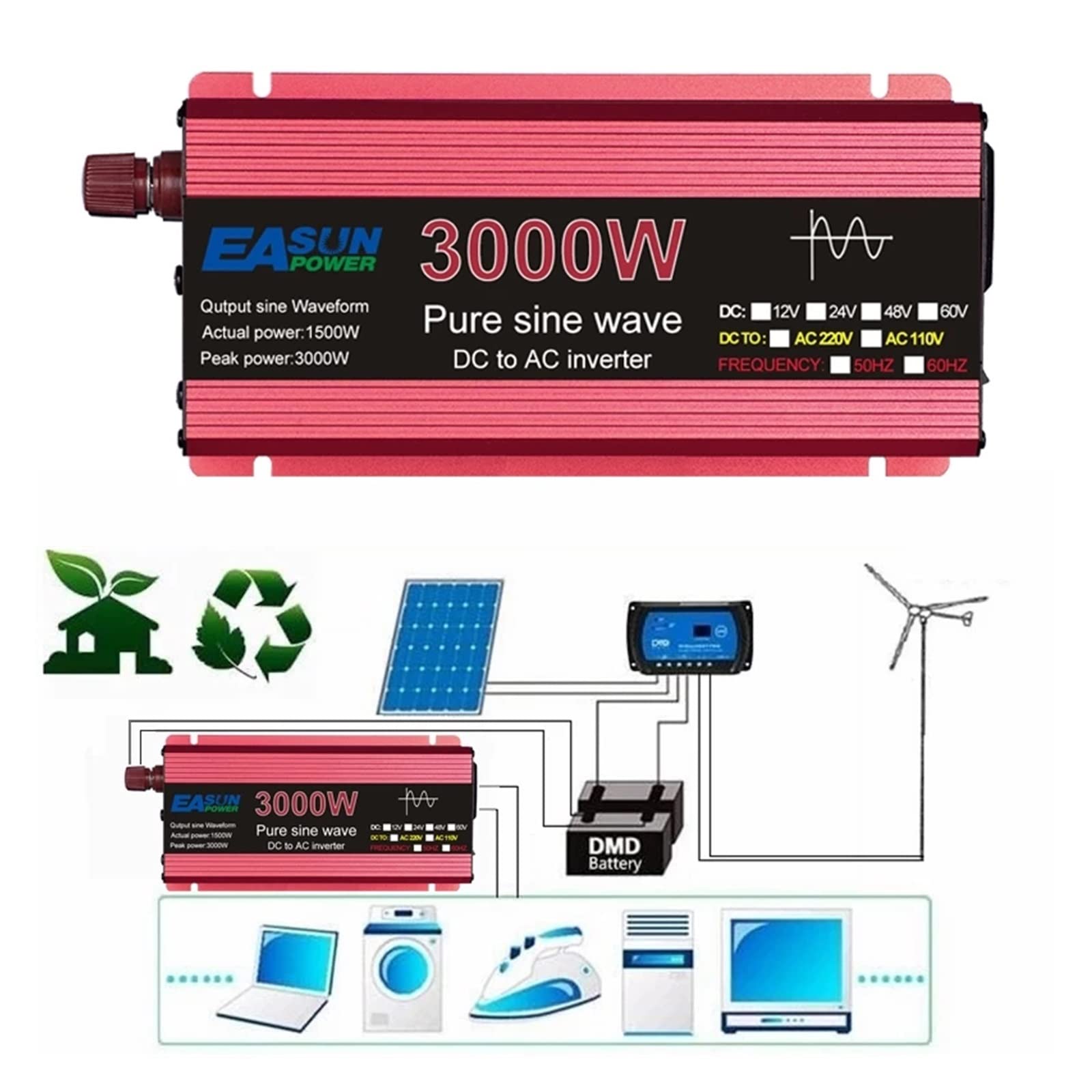 Inversor de Onda sinusoidal Pura 12V CC a CA 220V convertidor 3000w 2200w 1600w 1000w estabilizador 24V inversor Solar 50hz 60hz Transformador(3000w,12V-220-240V 50HZ)