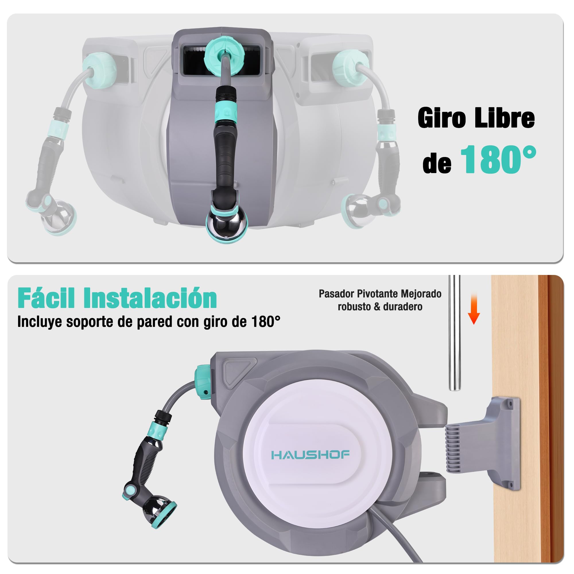 HAUSHOF Carrete Manguera 30m, Soporte Pared Giratorio 180° | Enrollador Automático con 10 Modos de Riego para Jardín y Lavado de Coches con Uso Cómodo y Flexible