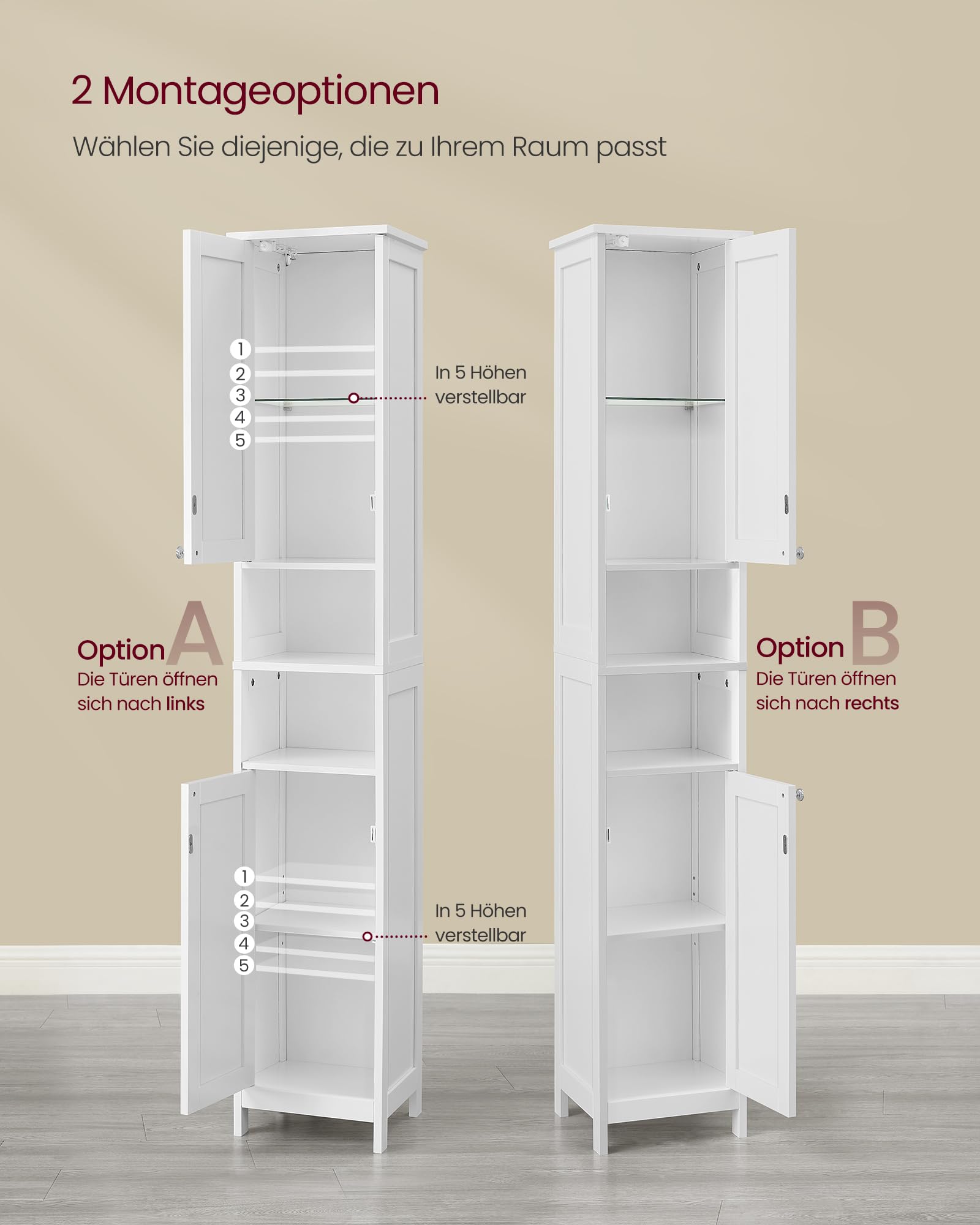 VASAGLE Badezimmerschrank mit Beleuchtung, hoch, schlanker Badschrank, Aufbewahrungsschrank mit verstellbaren Ablagen, offene Fächer, für kleine Räume, wolkenweiß BBC566W03