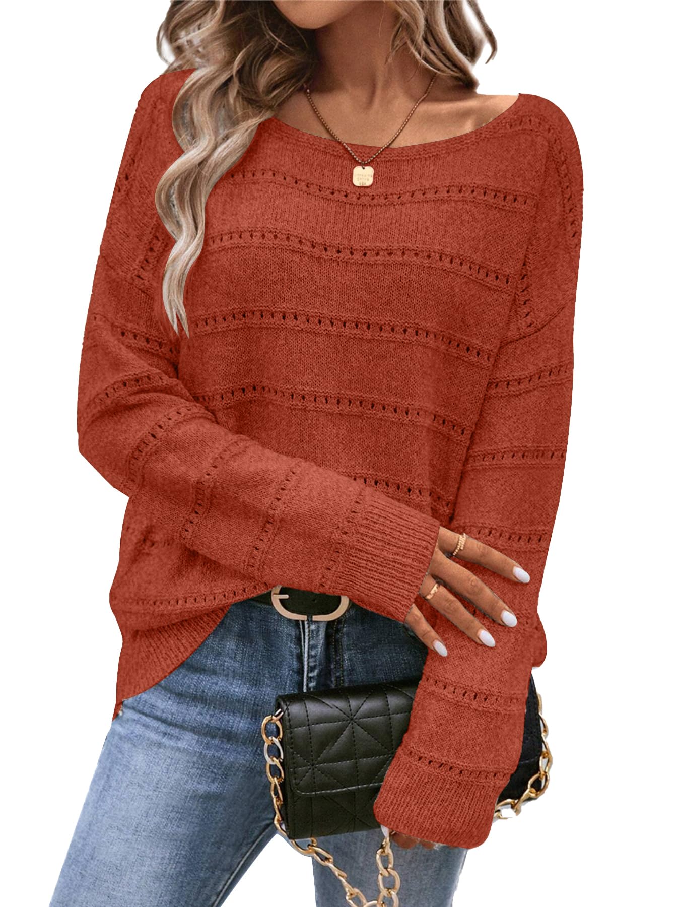 Womens Sweater Soft Boat Neck Long Sleeve Oversized Sweaters Crochet Pullover Knit Tops