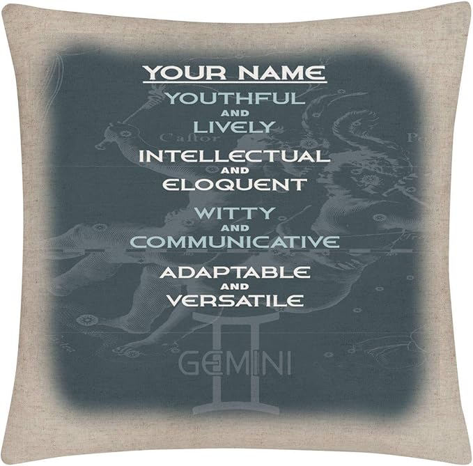 Bleu Reign BRGiftShop Throw Pillow Cover Personalized Custom Name Zodiac Sign Custom Name Gemini May22-Jun21 15.75x15.75 inches Linen - no Insert