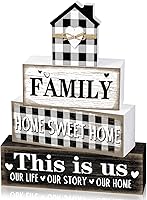 Cinnvoice 4PCS Rustic Farmhouse Tabletop Decor - Family 'This Is Us' & Home Sweet Home Signs for Kitchen Shelf Mantel Tiered Tray