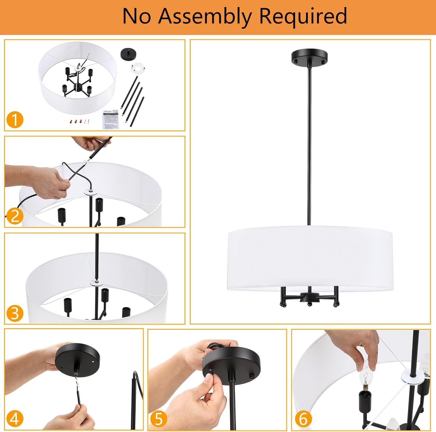 20" Black Drum Chandelier, 4-Light Modern Farmhouse Pendant Light Fixture with White Fabric Shade, Adjustable Hanging Height Chandeliers for Dining Room, Living Room, Bedroom, Entryway, Kitchen