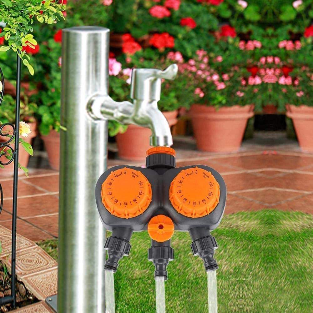 Temporizadores de agua para sistema de riego de jardín, interruptor de controlador G3/4'' con riego de doble cabezal, valor de temporizador mecánico aplicable para flores, plantas, frutas en maceta,