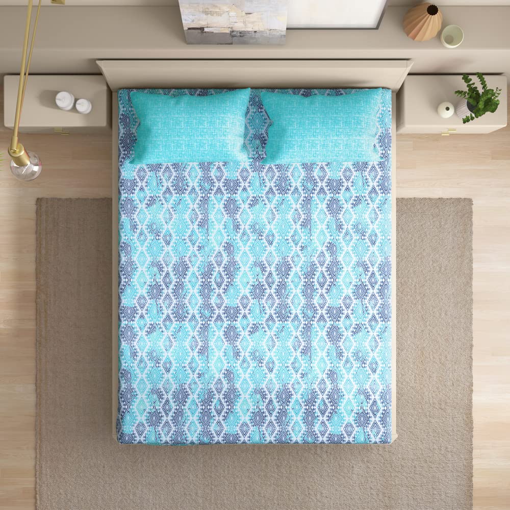 Wakefit Cotton Flat Bedsheet | 160 TC Bedsheet For Double Size Bed With 2 Pillow Covers | Seher - 100X90 Inches,Blue