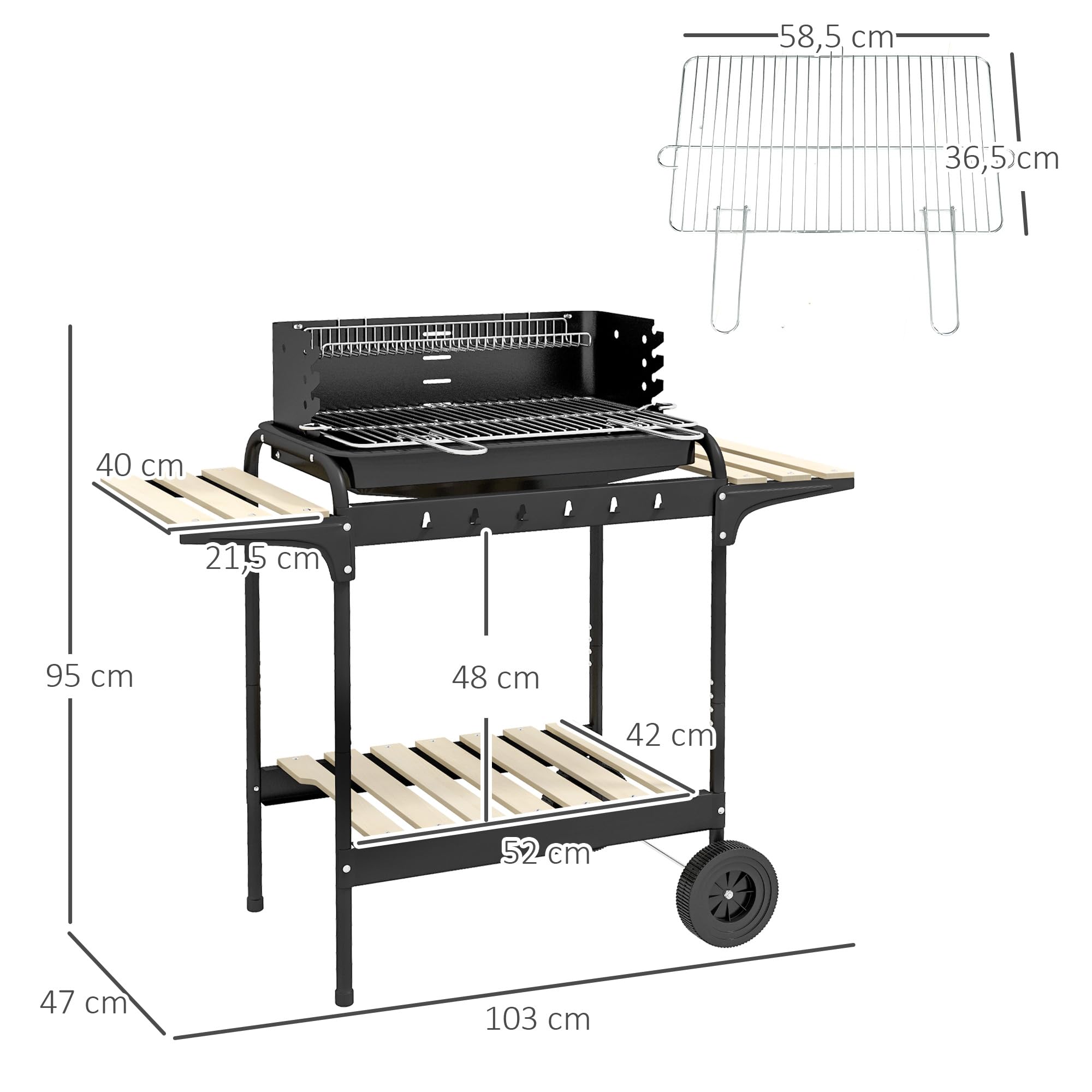 Outsunny Barbecue à Charbon BBQ Grill sur Pied avec Gril Réglable 2 Roues et 3 Étagères Récupérateur de Cendres 103 x 47 x 95 cm Noir