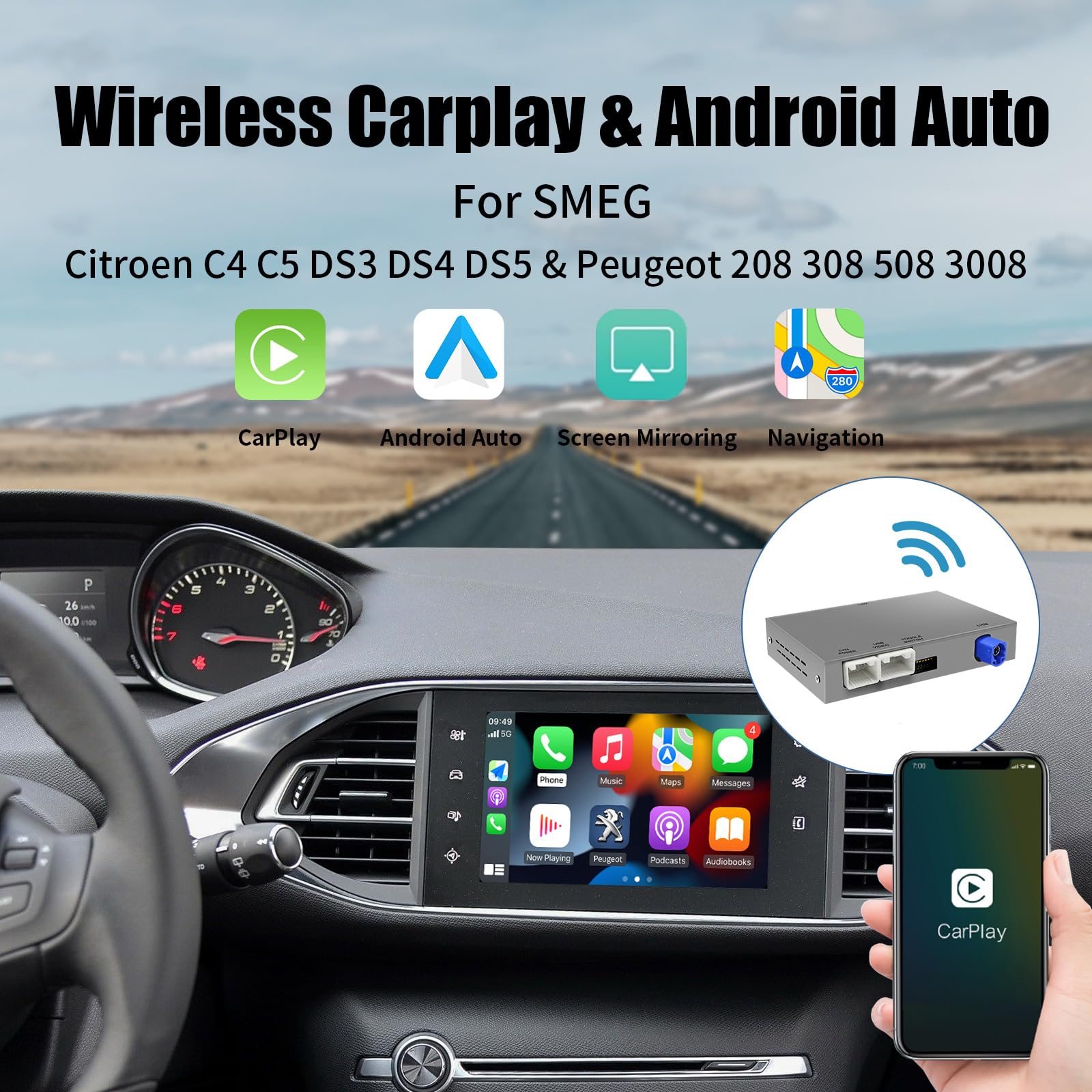 Module CarPlay sans Fil Android Auto pour Peugeot Citroen 208 308 508 2008 C4 Picasso DS3 DS4 I Kit de Réadaptation pour Système Smeg et MRN 2012-2017 I Compatible Mirrorlink et Fonctions d'origine