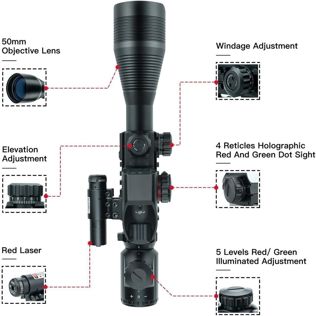 Rifle Scope Combo C4-16x50EG Tactical Dual Illuminated with Red Dot Sight and 4 Holographic Reticle Red/Green Dot Sight for 22&11mm Rail Mount