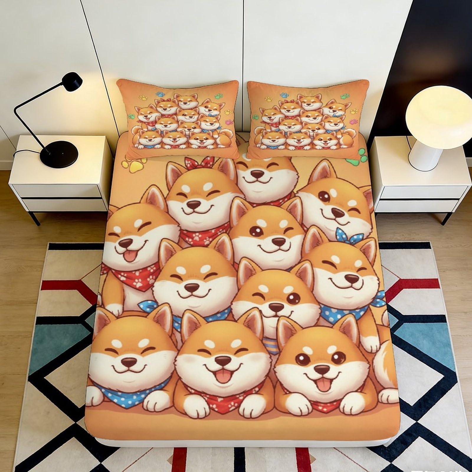 3D Printed Shiba Inu Cartoon Fitted Sheet Microfiber Soft Breathable Dog Pattern Mattress Cover for Bedroom Decor 90x200x25cm