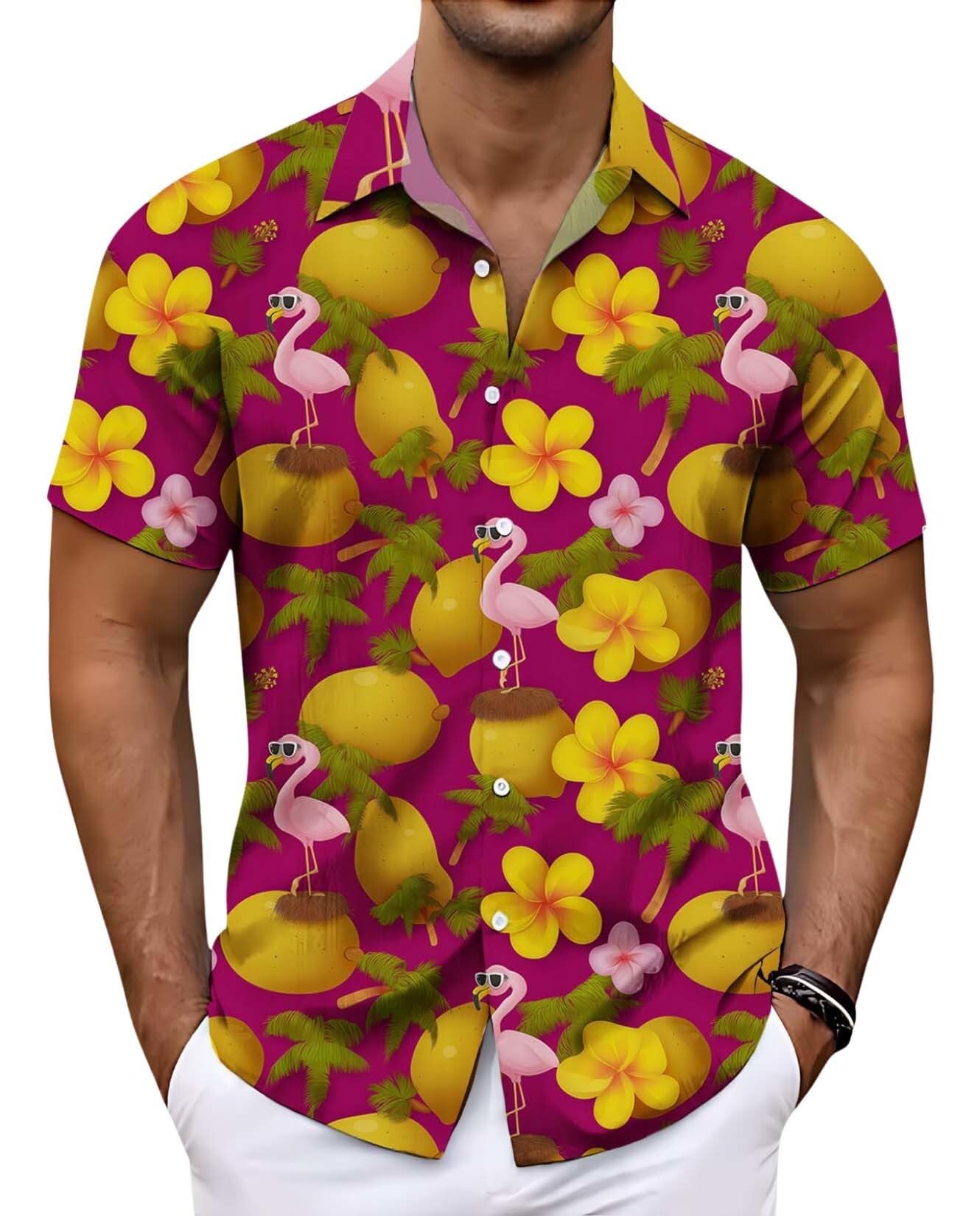 Beach Plant Theme Mens Shirts Casual Short Sleeve Button Down Shirt Beach Summer Vacation Holiday Wedding Tops