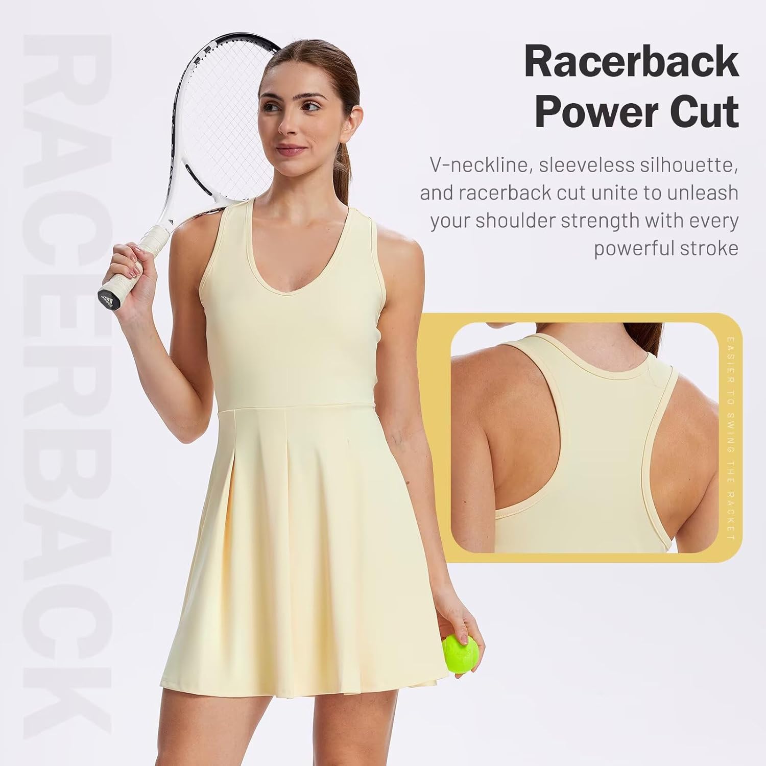 Women's Tennis Golf Dress, Pleated A-Line Racerback with Removable Padding & Detachable Shorts with Pockets
