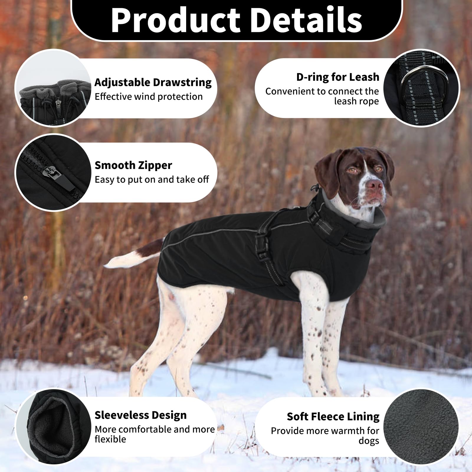 Lelepet Manteau pour chien extra large avec harnais - Veste polaire chaude et imperméable, gilet d'hiver réfléchissant combinaison de neige pour grands chiens, Braque de Weimar - Noir 3XL