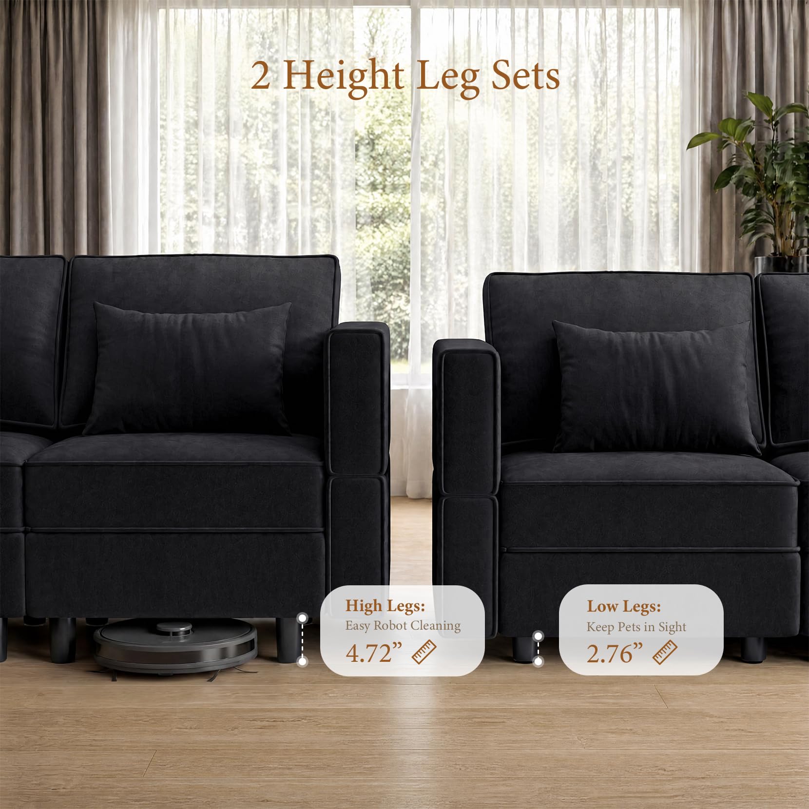 Vesgantti 92" 9 Seats Modular Sectional Sleeper Sofa with Storage, Black | FSC-certified hardwood frame, Pet-friendly velvet upholstery, Adjustable backrests and armrests, Two leg height options