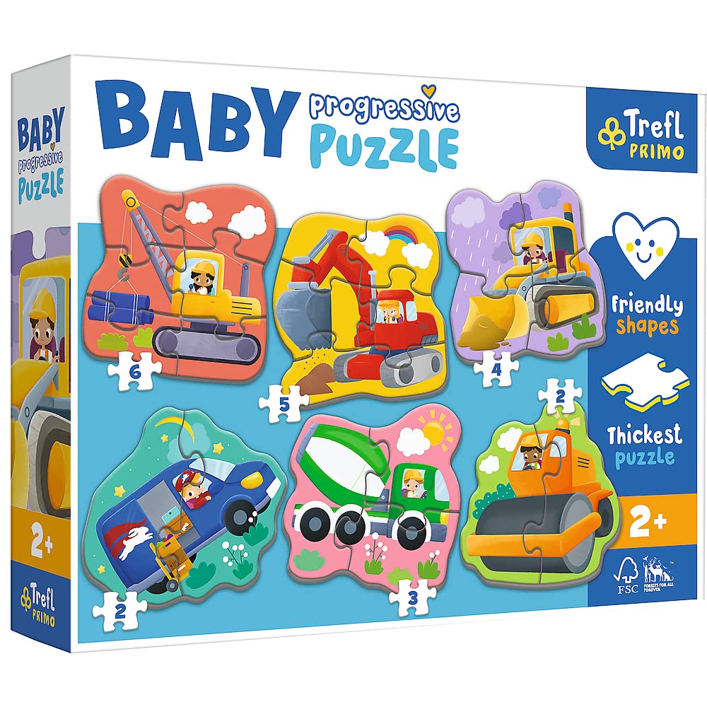 Trefl 44004 Baby Progressive Puzzles with Shapes from 2 to 6 Thickest Cardboard Large Pieces Friendly Puzzle Shape Fun for Children from 2 Years Primo Vehicles