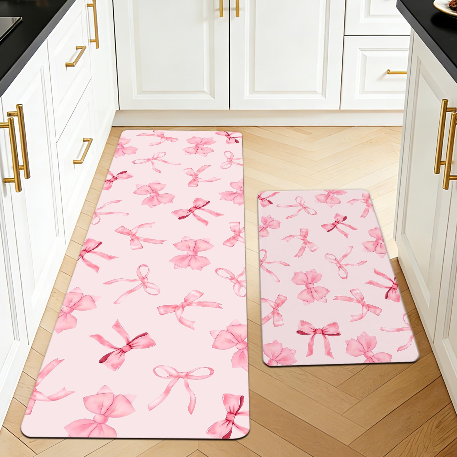 Shaeotek 2 Pieces Pink Bow Kitchen Floor Mats Rugs, Kitchen Rugs Non Slip for Decoration, Door Mats for Hallway, Dining Room and Entryway 40x70+40x120CM