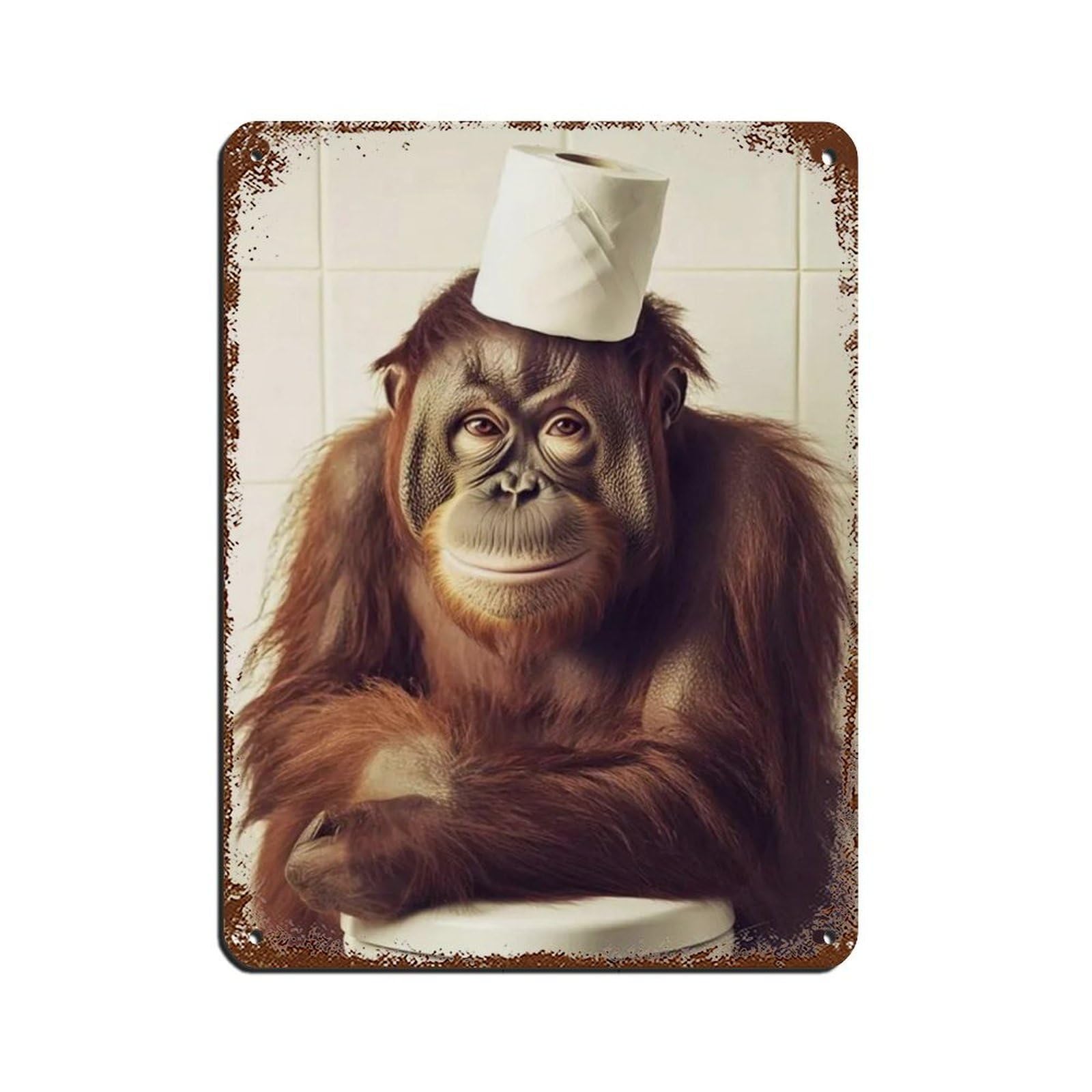 Orangutan Ape with A Toilet Paper Roll on Head Retro Poster Metal Tin Sign Chic Art Retro Iron Painting Bar People Cave Cafe Family Garage Poster Wall Decoration 12x16inch(30x40cm)
