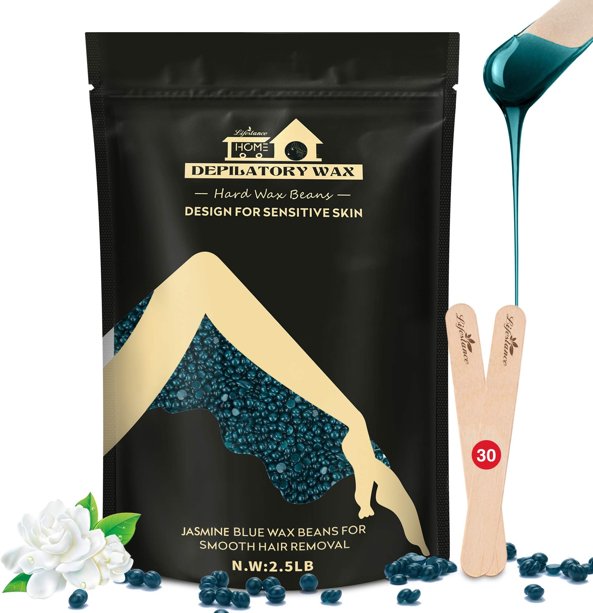 2.5lb Lifestance Hard Blue Brazilian Bikini Wax Kit with 30 Applicators - Pearl Wax Beads for Face, Body, Legs - For Women and Men