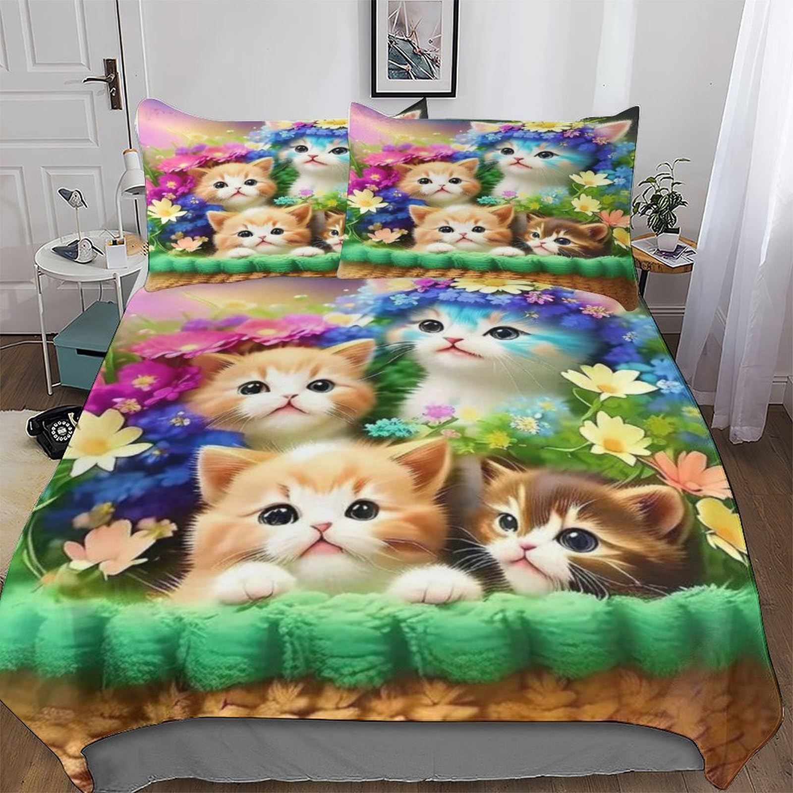 Housse de couette chat mignon 220x240cm avec 2 taies d'oreiller