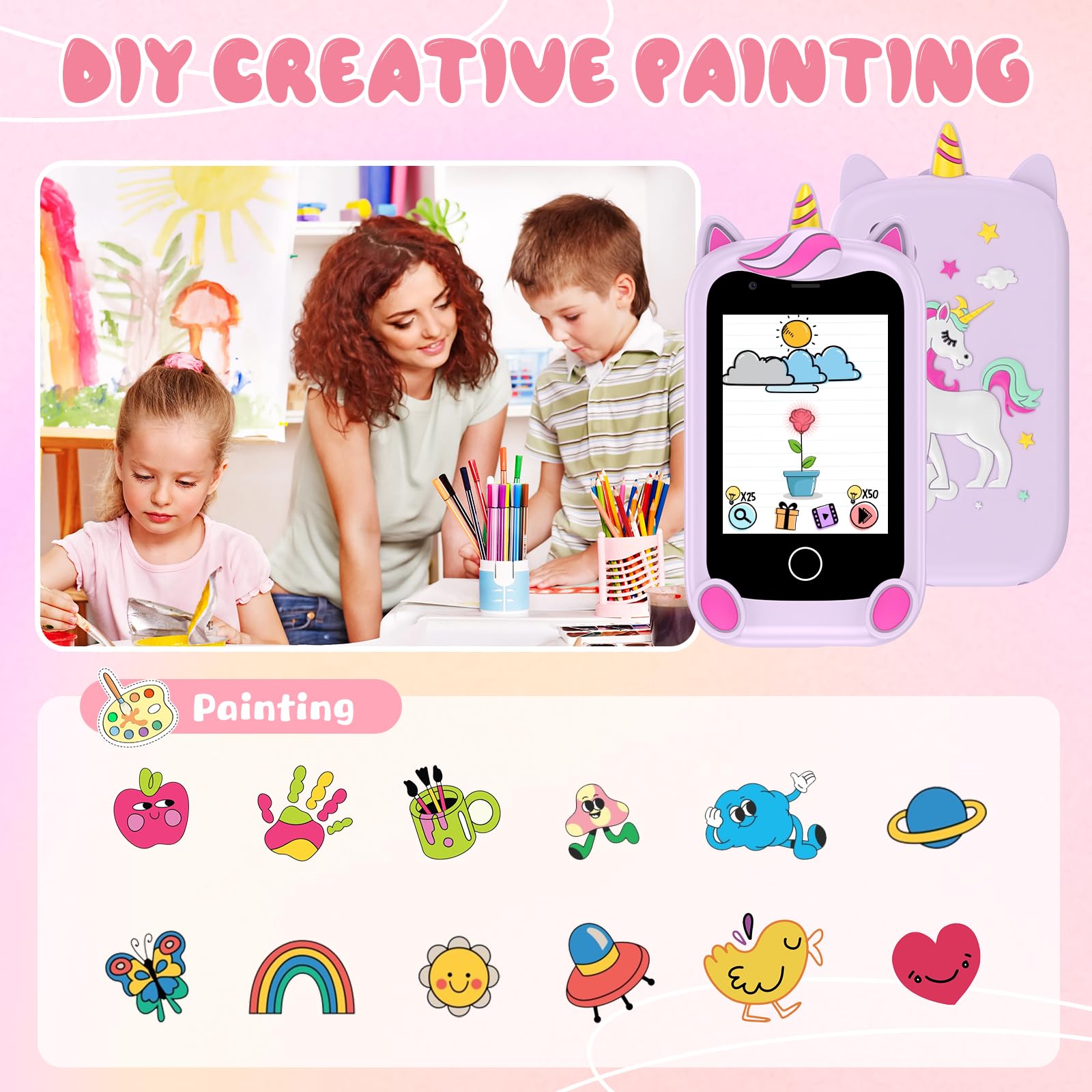 PTHTECHUS Kinder Handy, Mini-Telefon für Mädchen Jungen, 2.8 Zoll großer Touchscreen Smartphone Kinder 16 Spiele Anruf SOS Musik Kamera Schrittzähler Wecker, kindertelefon Jungen ab 4-9 Jahre (Rosa)