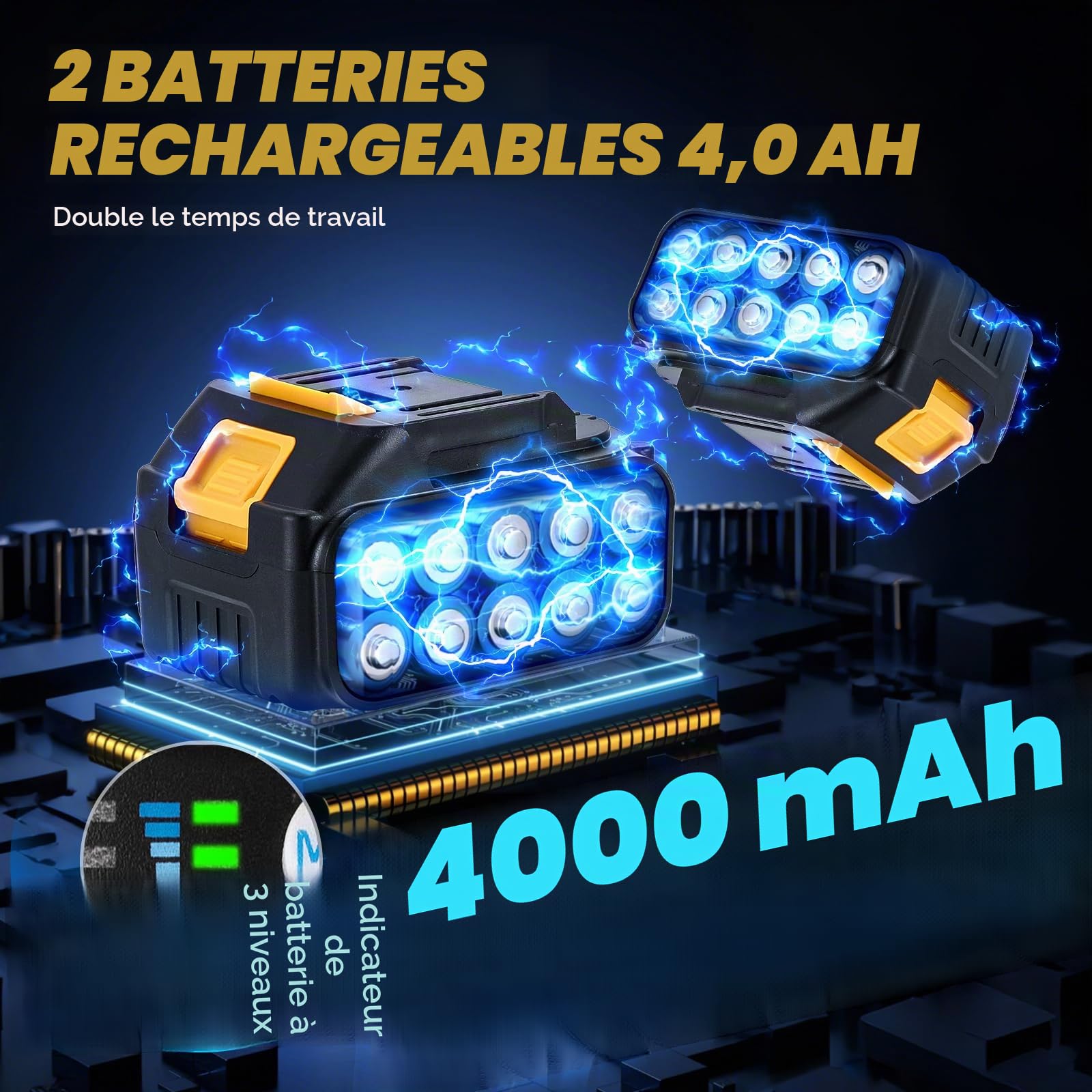 1200NM 1/2'' Clé à Chocs Sans fil brushless avec 2x 4.0 Ah Batteries 21V 3000RPM visseuse a choc 3 vitesses réglables clé à chocs à couple élevé electrique pour voiture, DIY, car/tondeuse..