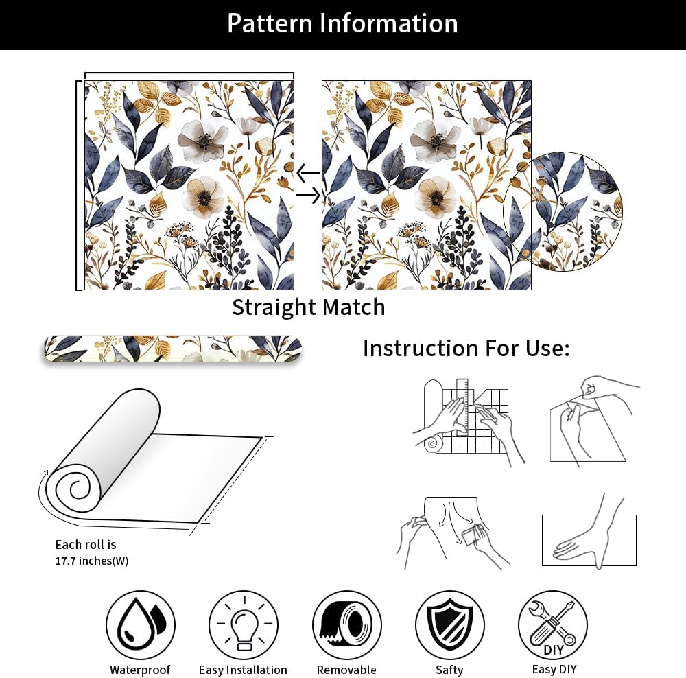 White Black Navy Leaf Modern Flowers Yellow Leaf Peel and Stick Wallpaper Easy Peel Off Stick on Adhesive Waterproof Wall Paper for Renter