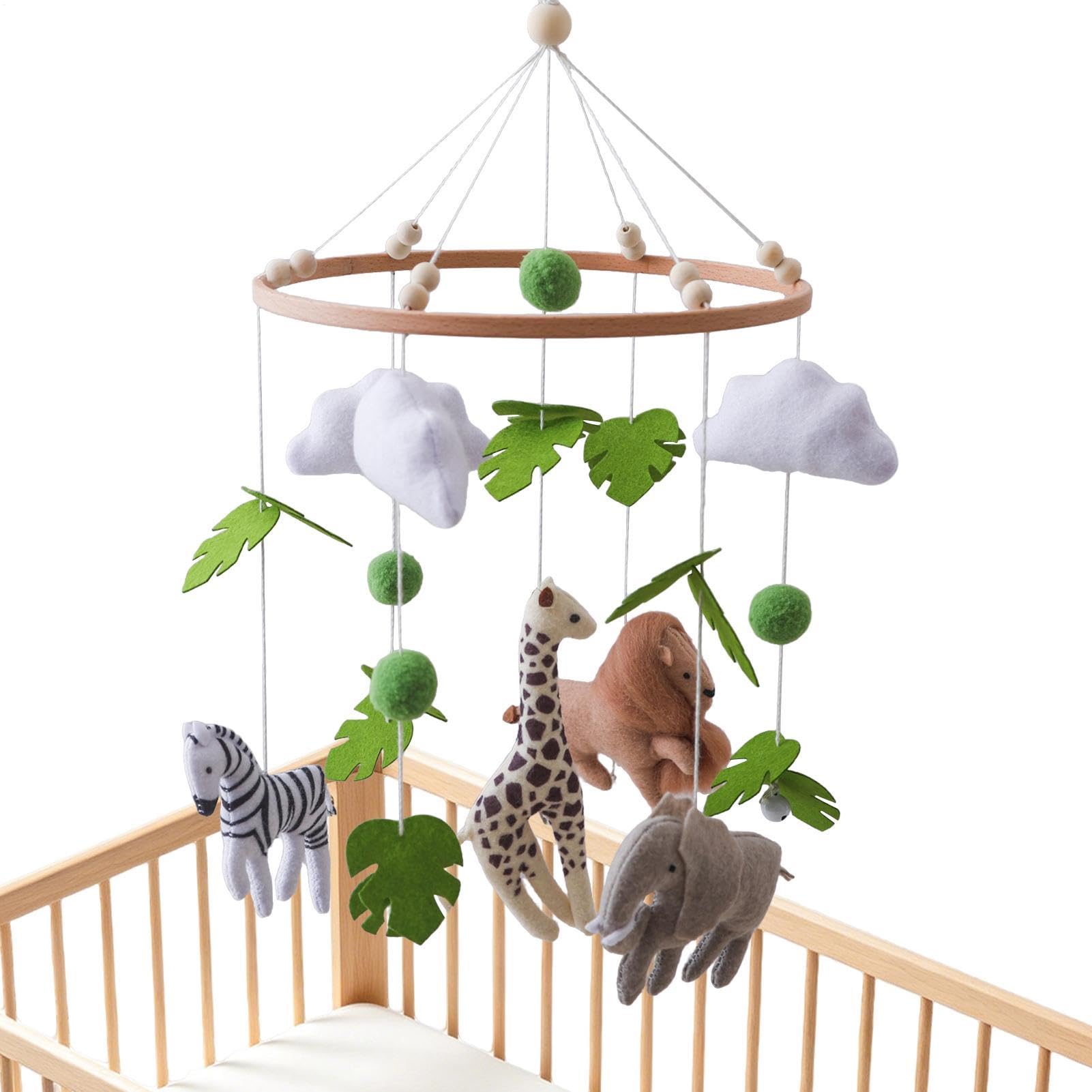 Nursery Mobile - Sleep Calming Decor Piece, 210g Lion Giraffe Elephant Room Figures, Gentle Swaying Wood Craft Structure, Handmade Felt Jungle Animal Toy | for Bed Bedroom Children Girls