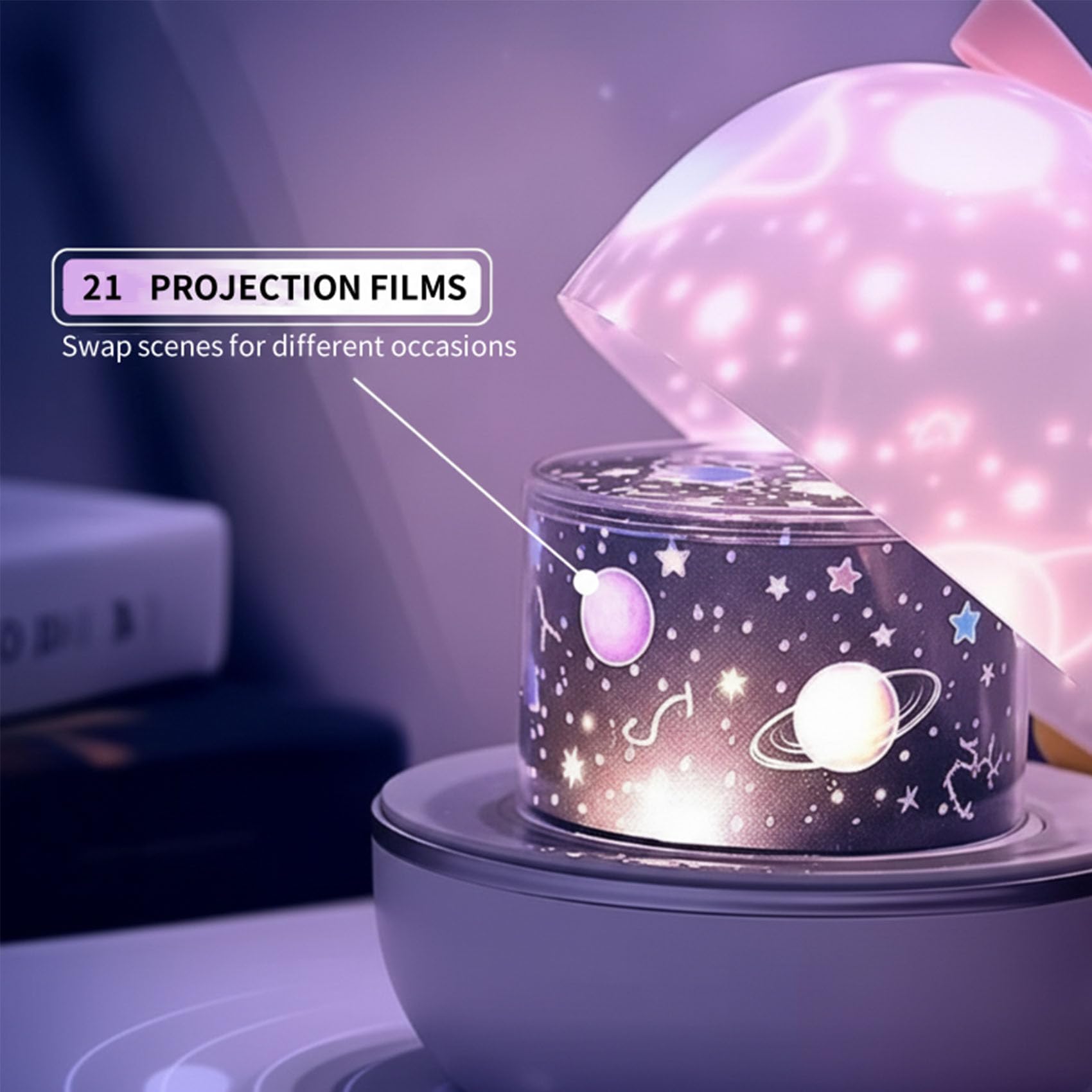 Proyector de estrella giratorio recargable 360, luz nocturna, lámpara de proyector de cielo estrellado con 21 películas reemplazables, linda luz de estrella de arco para niños (1Pcs)