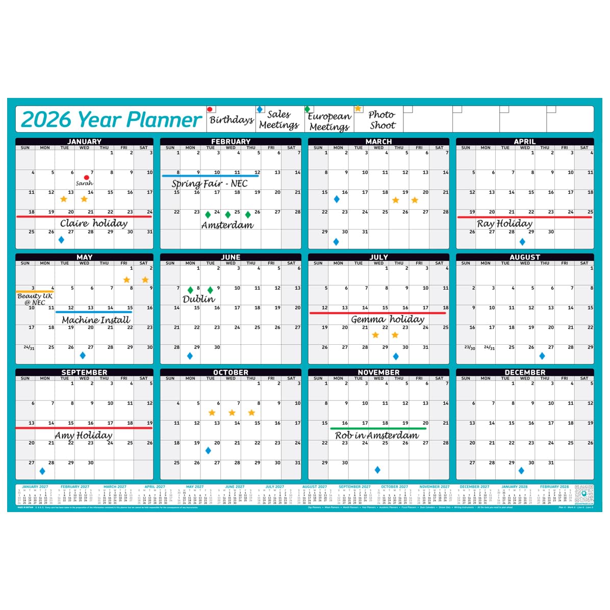 PlannerHead 2026 Grid Style Unmounted & Unlaminated Wall Planner Calendar Chart Poster 12 Months/Yearly Calendar 2026/2027 Footnote/Flexible for Any Country/Teal Gigantic (90x135cm)