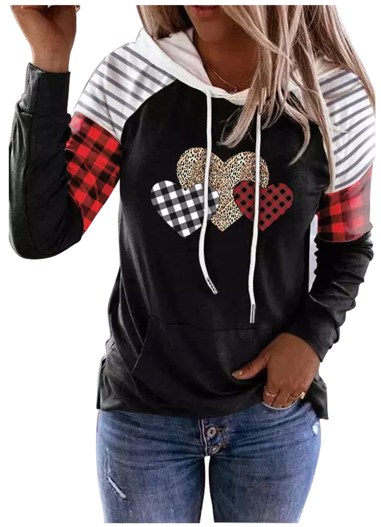 Valentine's Day Buffalo Plaid Raglan T Shirts for Women Funny Plaid Love Heart Graphic Tee Shirt Casual Long Sleeve Tops