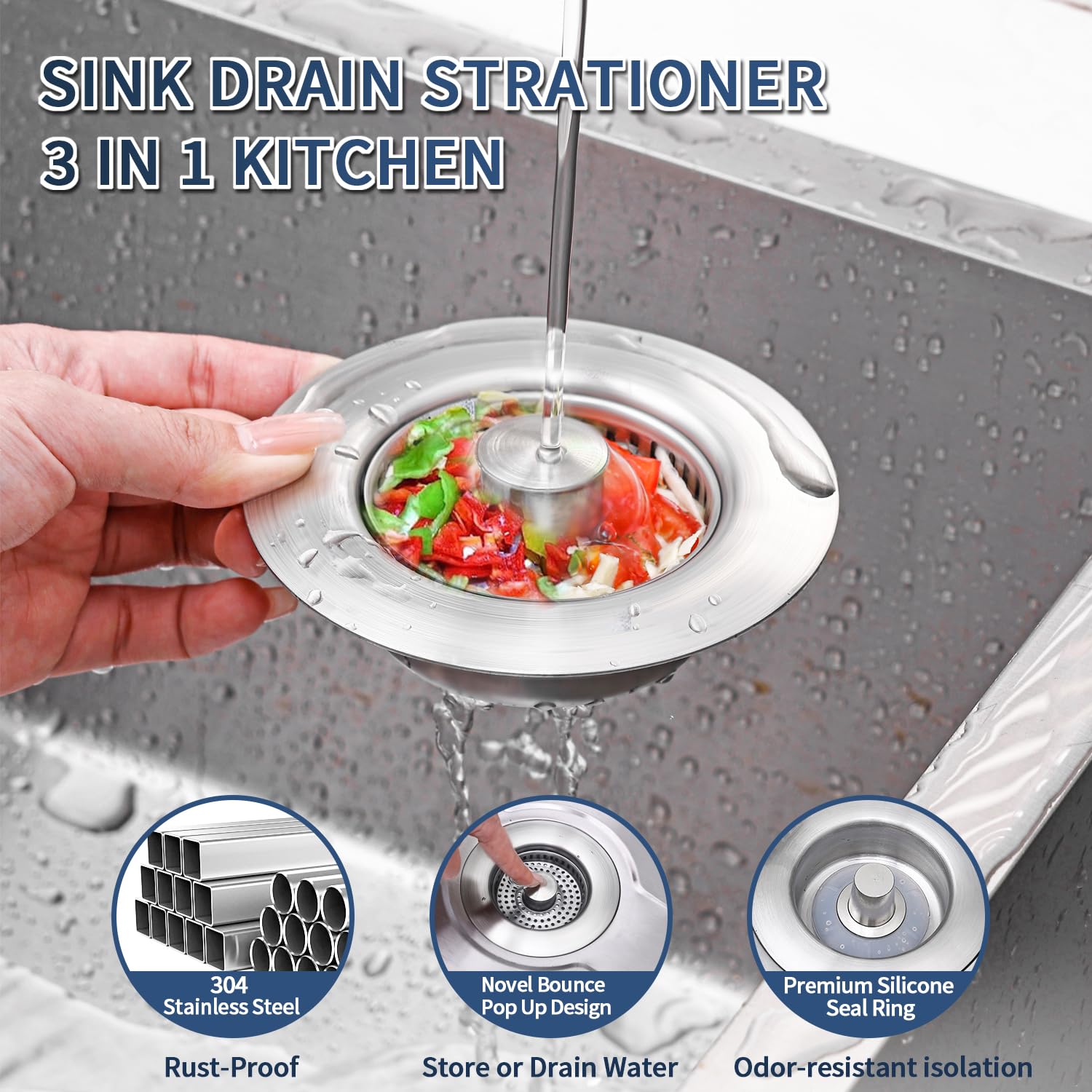 3-in-1 Abflusssieb & Stopfen Aus Edelstahl – Für US-Spülen (8,9 Cm Loch), Pop-up, Geruchshemmend