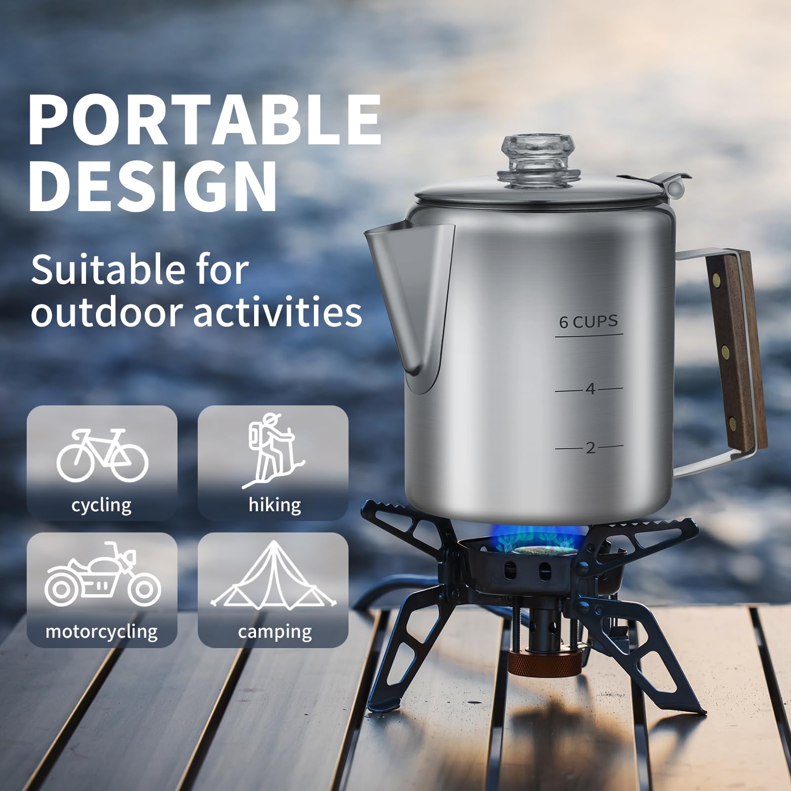 Kaffeeperkolator mit 100 Kaffeefiltern, 6 Tassen, langlebiges Edelstahlmaterial, Camping-Kaffeekanne, Kaffee auf Feuer, Grill oder Herd, ideal für Zuhause, Camping