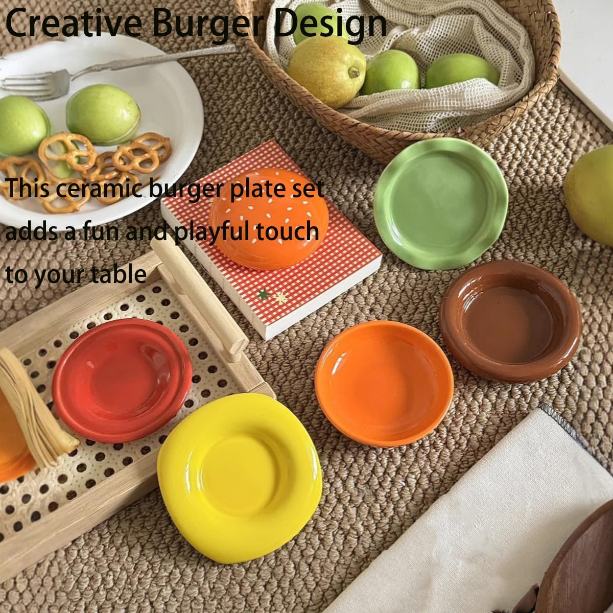 Ceramic Hamburger Plate Set, 6-Piece Stackable Burger Plate Sets with foldable waterproof camping mat for Snack, Dessert, and Sushi Dip (2 Pcs)