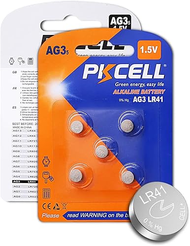PKCELL Batería AG3 1.5V LR41 392 384 192 Botón de célula alcalina para termómetro digital - 5 unidades