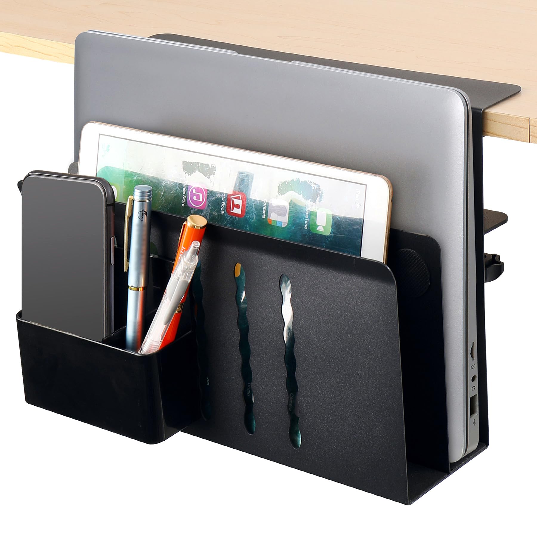 Henitol 2 TIER Desk Side Storage Upgraded Desk Organizer, No Drill Hanging Laptop Holder Under Desk, Clamp-On Table Side Tray Steel Desktop Organization for Office and Home (Black)