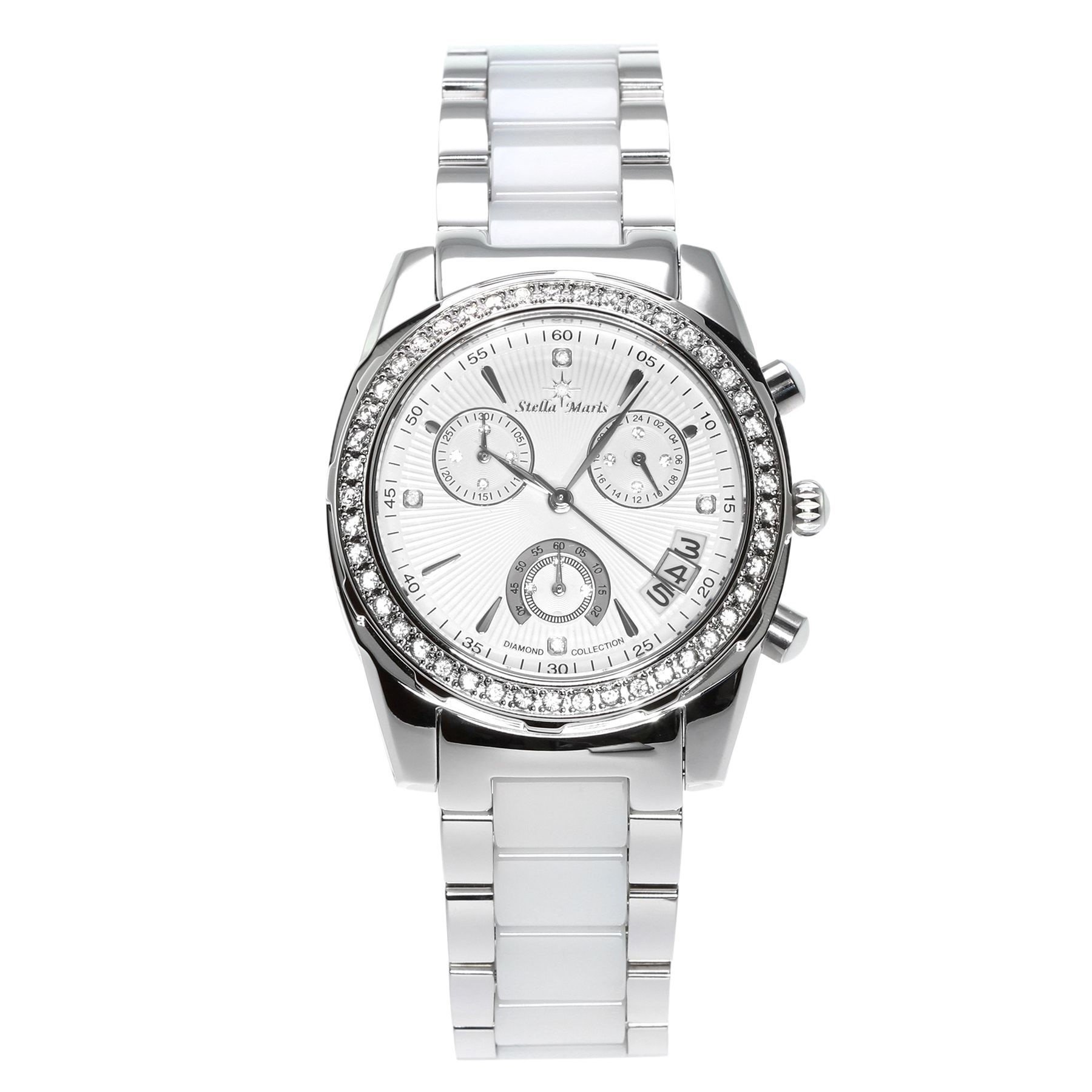 Stella Maris Damen Armbanduhr Analog Quarz Uhr Stilvolle Elegante Damenuhr Frauenuhr Weiß Silber Premium Keramik Armband Diamanten Swarovski STM15L9