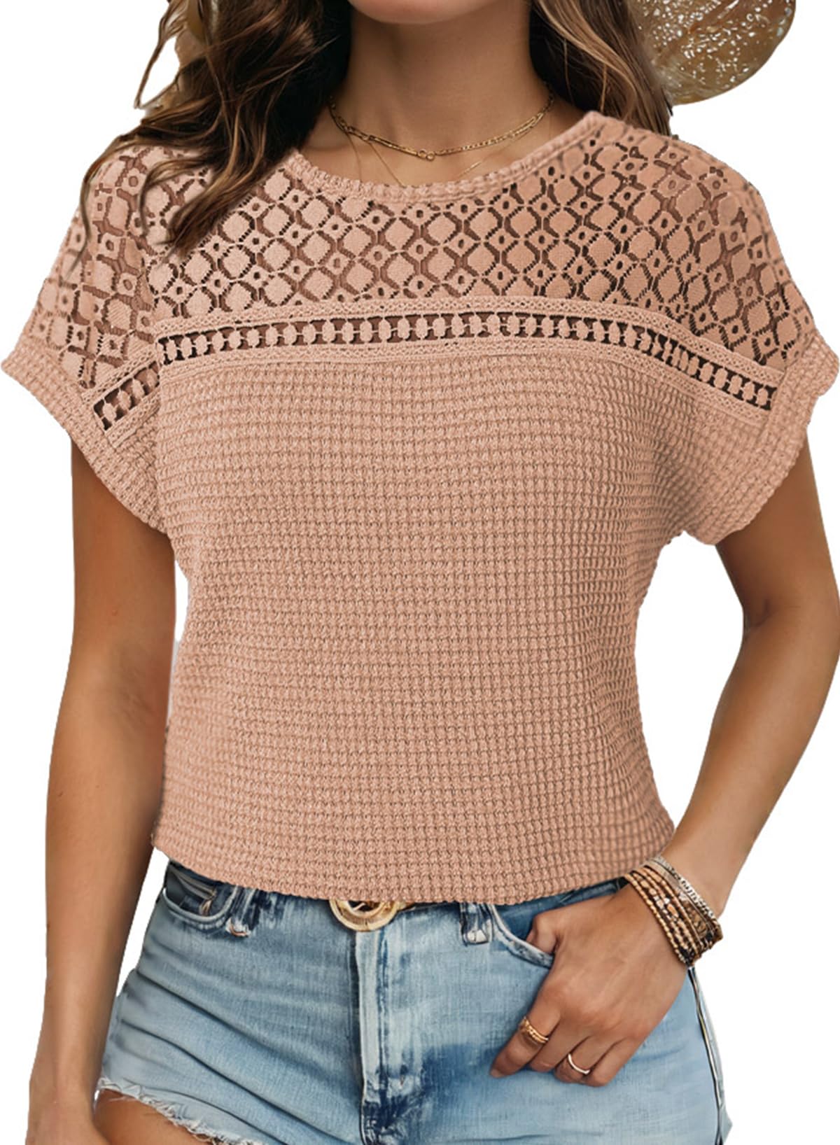 Dokotoo Women's Tops Casual Scoop Neck Short Sleeve Waffle Knit Hollow Out Shirts Loose Tunic Tops Blouses