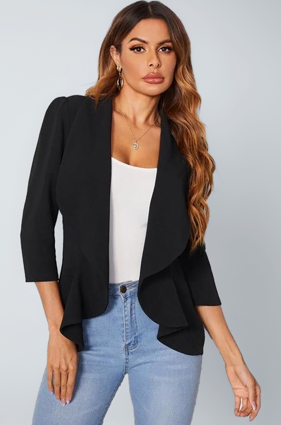 Women's Lightweight Open Front Blazer – Draped Waterfall Longline Blazer Style