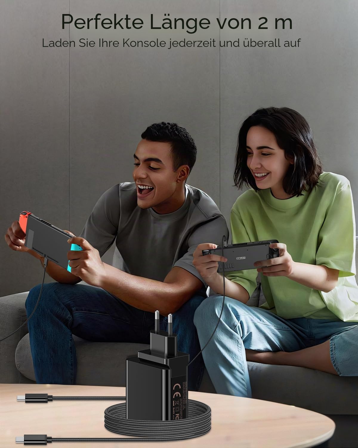 65W Schnellladegerät für Steam Deck, Nintendo Switch 2 & ROG Ally – PD3.0-klappbarer Netzadapter mit 6.6FT(2M) USB-C-Kabel, Switch 2/Steam Deck OLED/ROG Ally X Ladegerät unterstützt TV-Dock(6.6FT) | Faltbarer Netzadapter PD3.0 mit USB-C-Kabel von 2 m/6,6