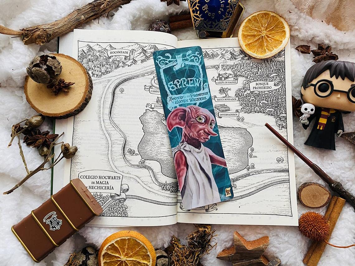 Marcapáginas Grande Dobby el elfo doméstico artesanal personalizado 17 x 5,5 cm con papel fotográfico de alta calidad plastificado regalo, lectores, estudiantes, patrón