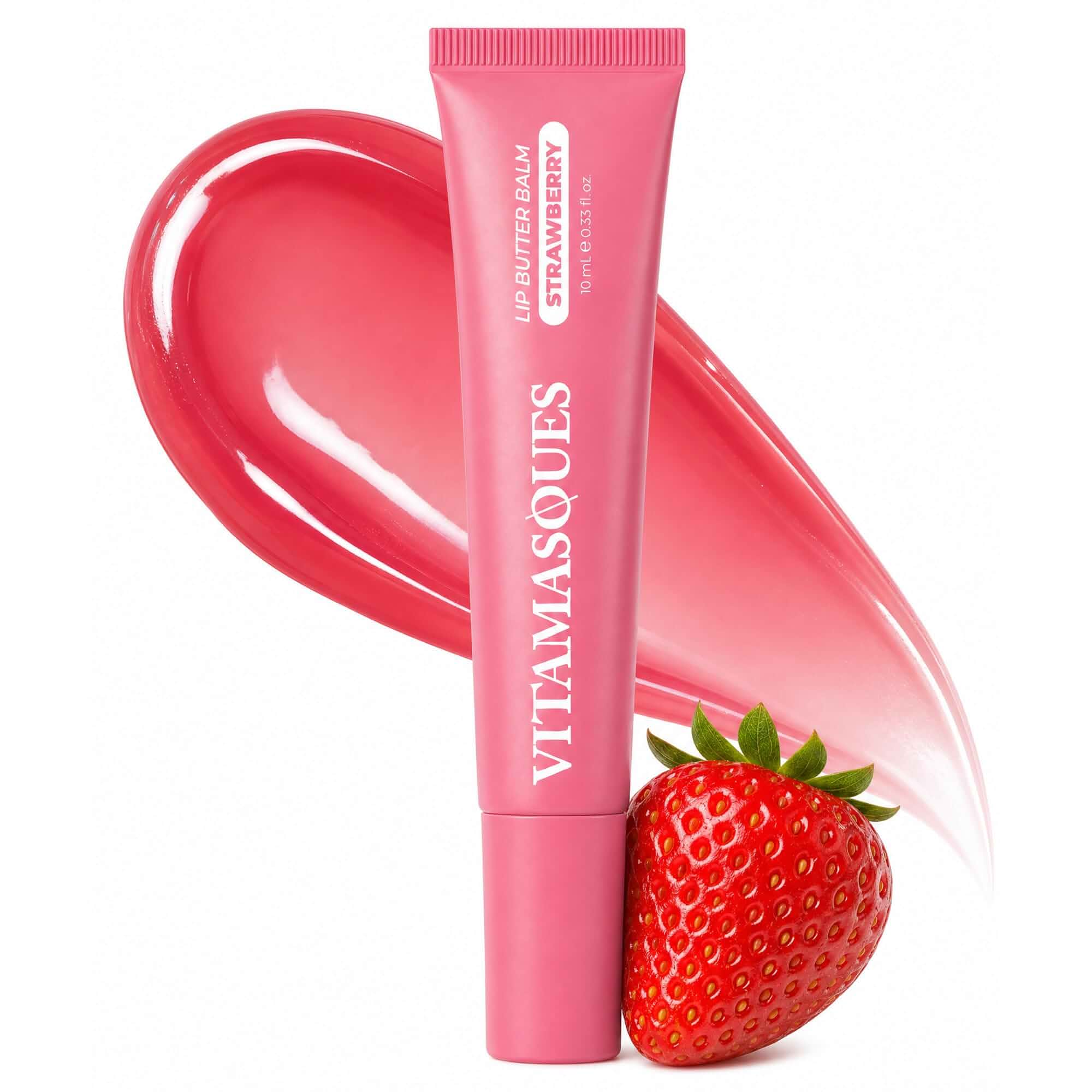 Vitamasques Lip Butter Balm - Strawberry, Korean Lip Balm - 0.33 fl.oz Peptide Lip Treatment - Lips Balm Hydrating - Light Tinted Lips balm - Made in Korea