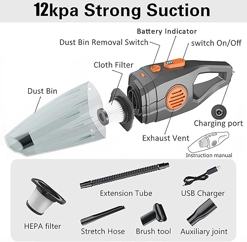 Miniatura 3 de AZHZOLSK Dust Buster - Aspiradora de mano recargable inalámbrica 12000PA-14000PA de alta potencia con pantalla de potencia para automóvil, hogar,