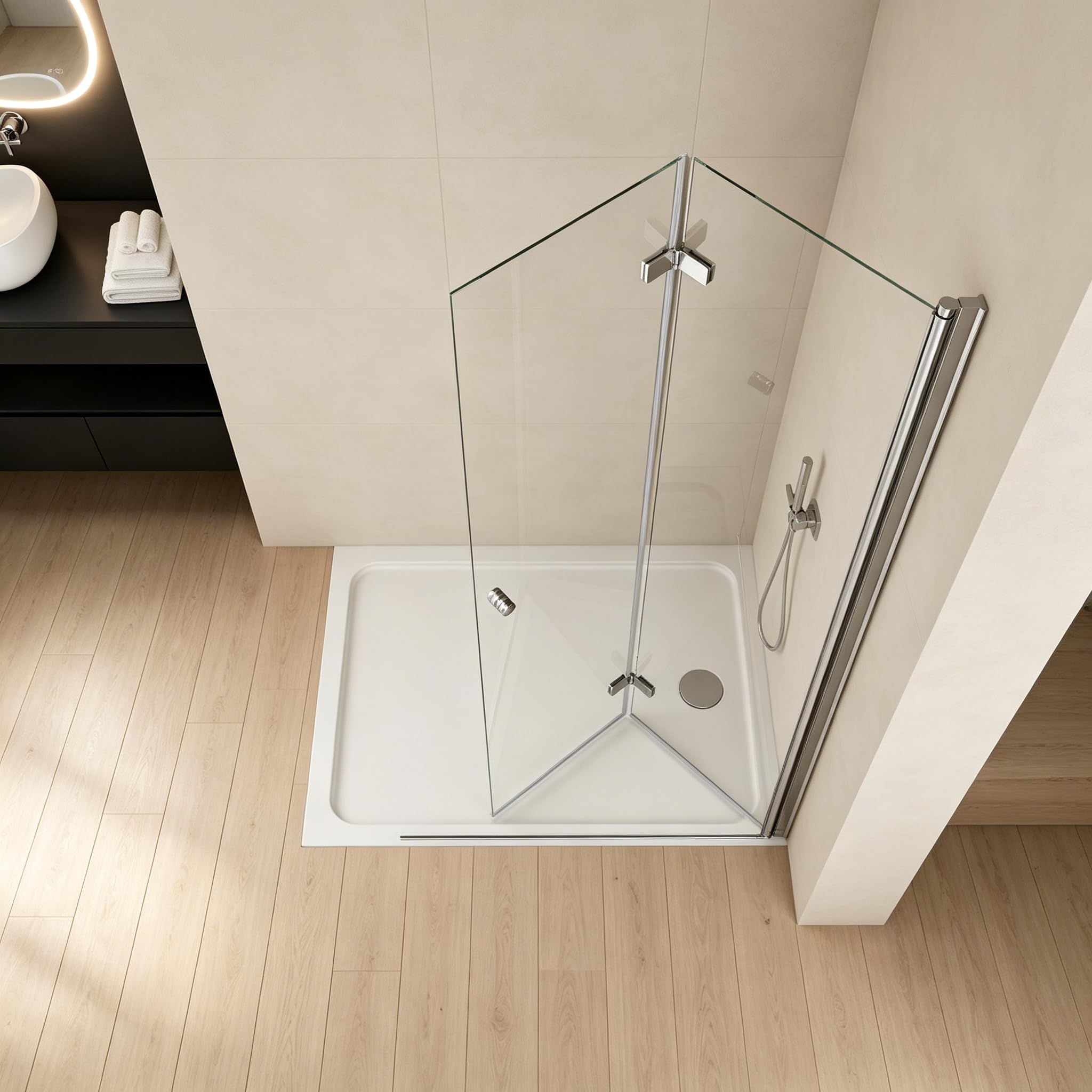 Walk in Dusche 90x185cm Faltwand Duschabtrennung 6mm ESG-Sicherheitsglas – 180° faltbar & bodeneben – ultrabreiter Einstieg, geeignet für kleine Badezimmer