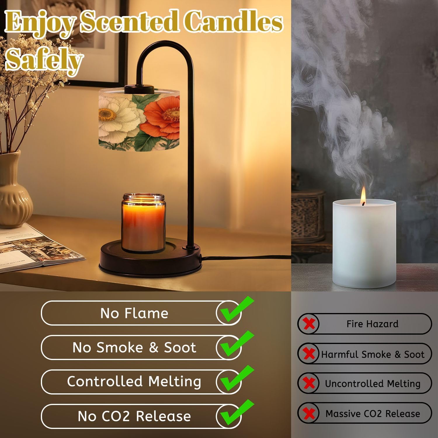 Candle Warmer Lamp with Timer and Dimmer, Boho Brown Green Orange Peony Floral Vintage Flowers Red Flower White Wax Melt Warmer with 4 Bulbs, House Warming Birthday Gifts for Women Mom New Home Decor